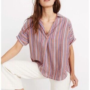 Madewell Womens Courier Button Back Rainbow Striped Shirt Size XXS Boxy Oversize